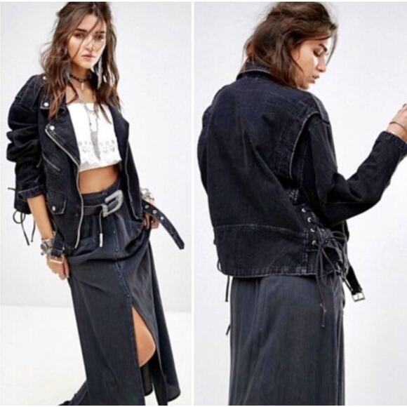 Free People Black Denim Rebel Moto Style Jacket Corset Sides XS - Picture 3 of 9